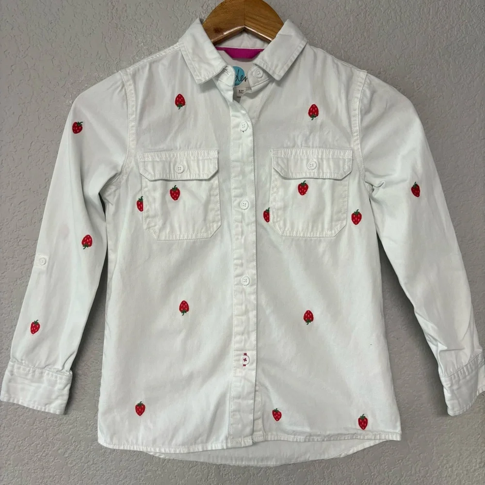 Boden Pink Striped Strawberry Print Relaxed Cotton Button Front‎ Shirt Girls 8-9